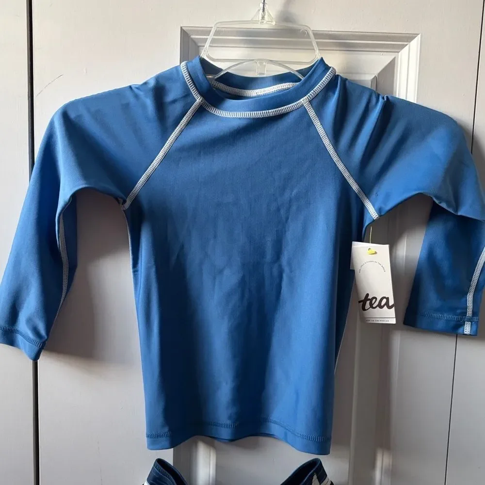 Tea Collection Rash Guard Swim Top and Shark-Print Swim Trunks Size 3T NWT